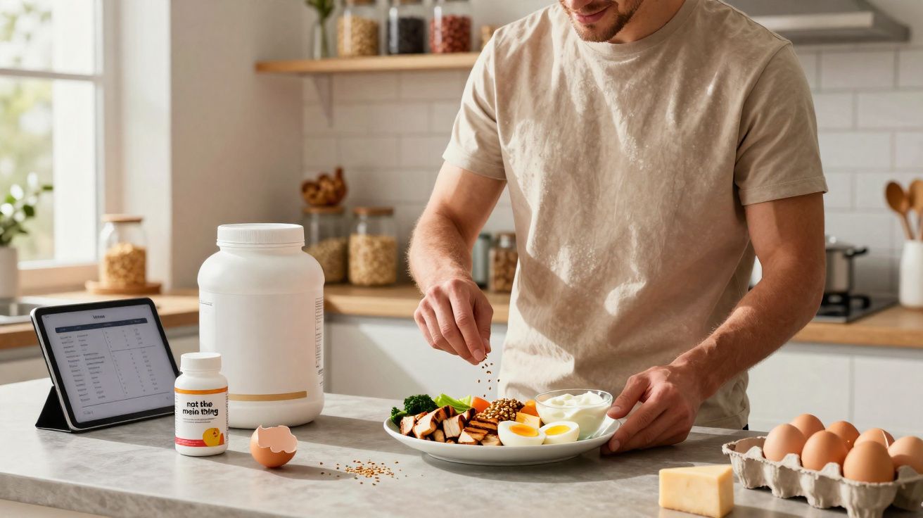 Homem preparando prato saudável com ovos, frango grelhado e vegetais em cozinha moderna.