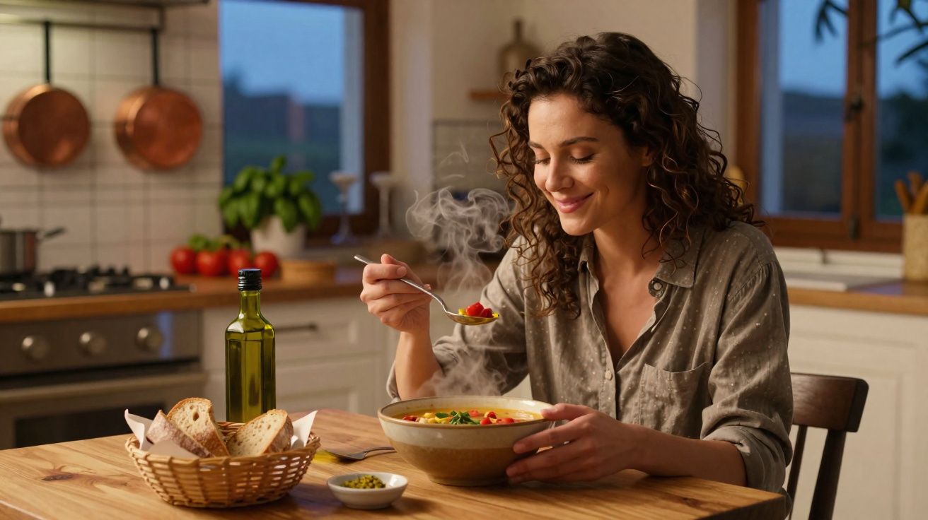 Mulher sorrindo comendo sopa quente em uma cozinha aconchegante ao entardecer.