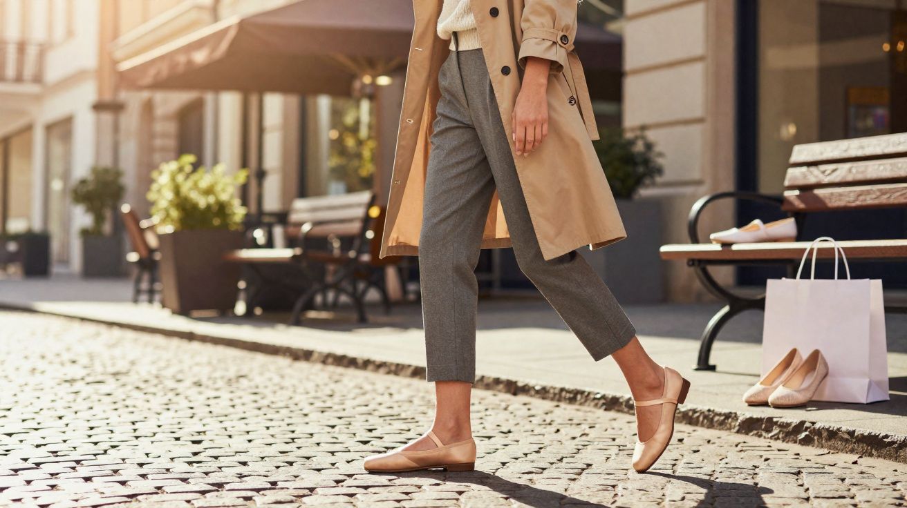 Pessoa caminhando em rua de paralelepípedo com casaco bege, calça cinza e sapatilhas nude.