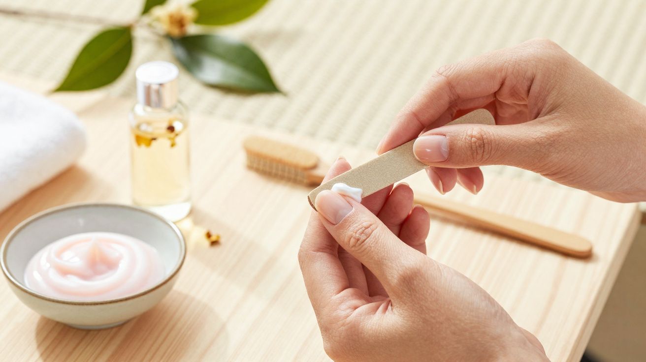 Mãos femininas lixando a unha com lixa, creme, óleo e acessórios de manicure sobre mesa de madeira clara.
