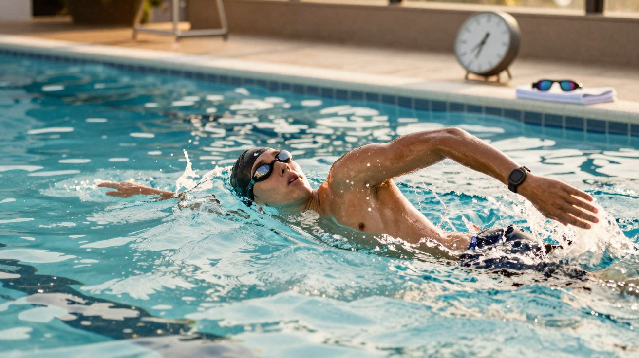 Homem nadando estilo livre em piscina com touca e óculos de natação próximos a relógio e óculos escuros.