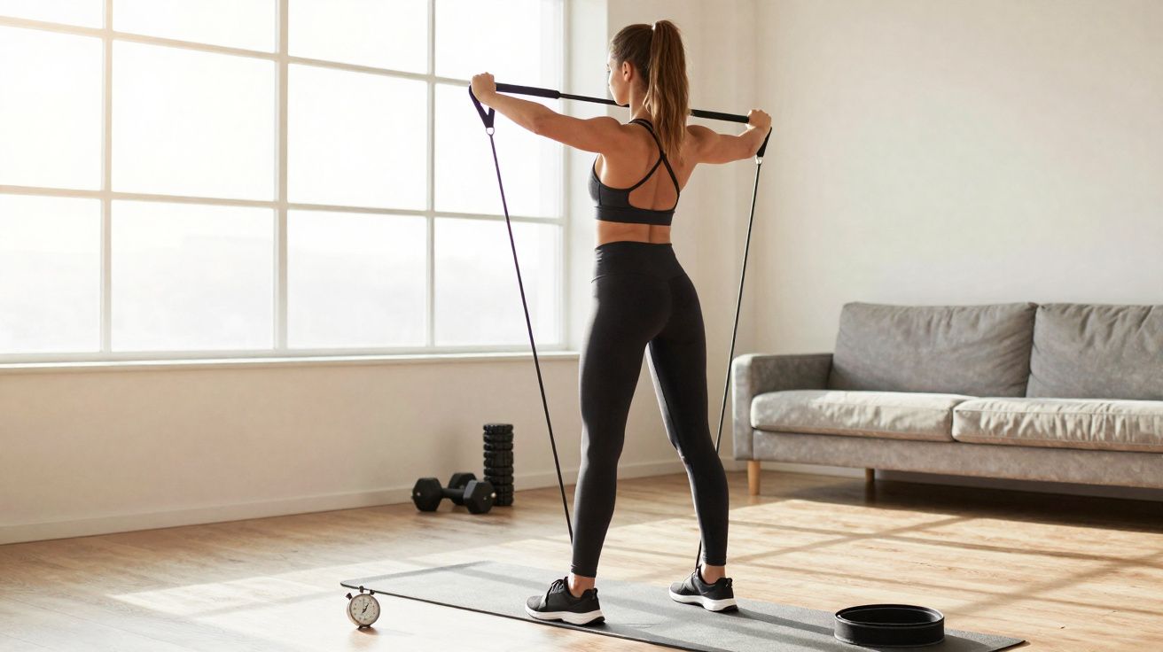 Mulher fazendo exercício com faixa elástica em sala iluminada com sofá cinza ao fundo.