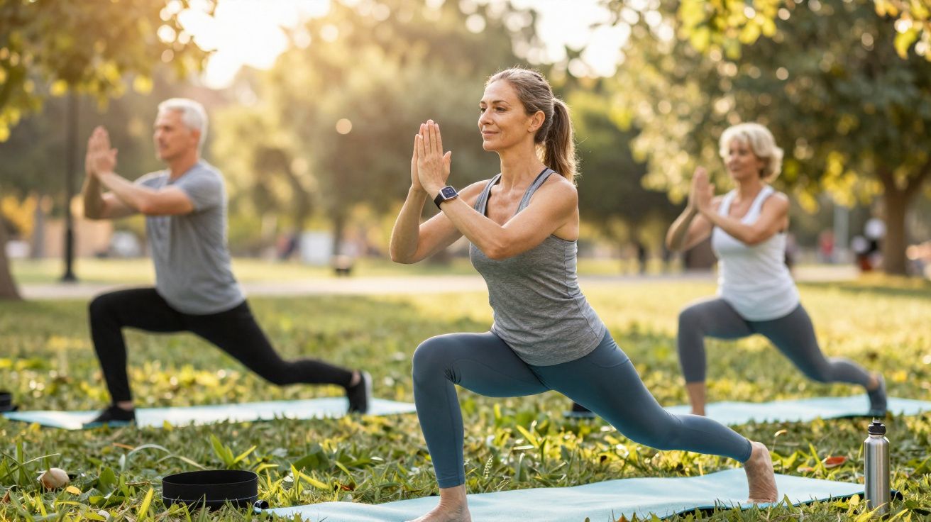 Três pessoas fazendo yoga ao ar livre em um parque ensolarado, em tapetes azuis sobre a grama.