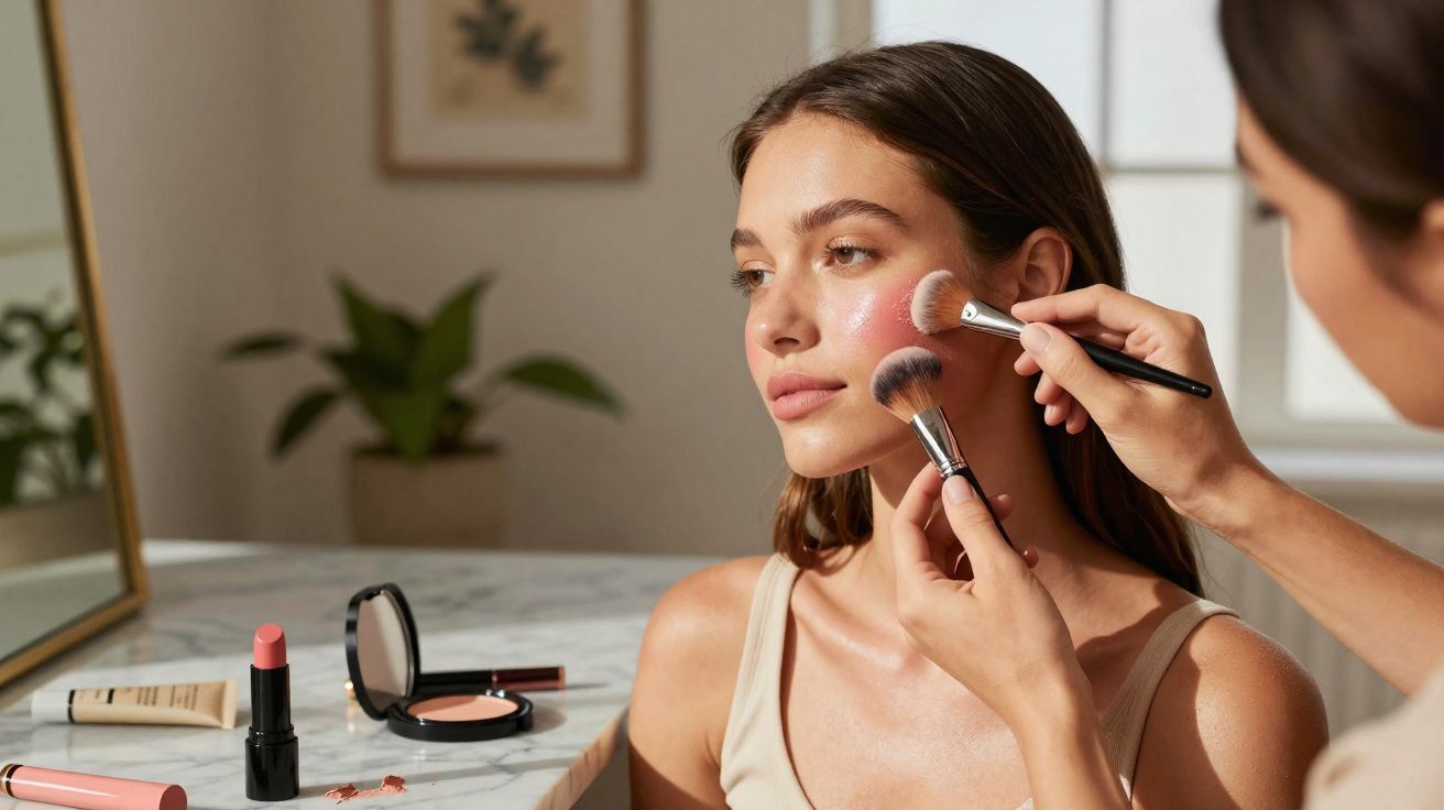 Mulher rececendo maquiagem no rosto com pincéis em ambiente iluminado e cosméticos ao lado.