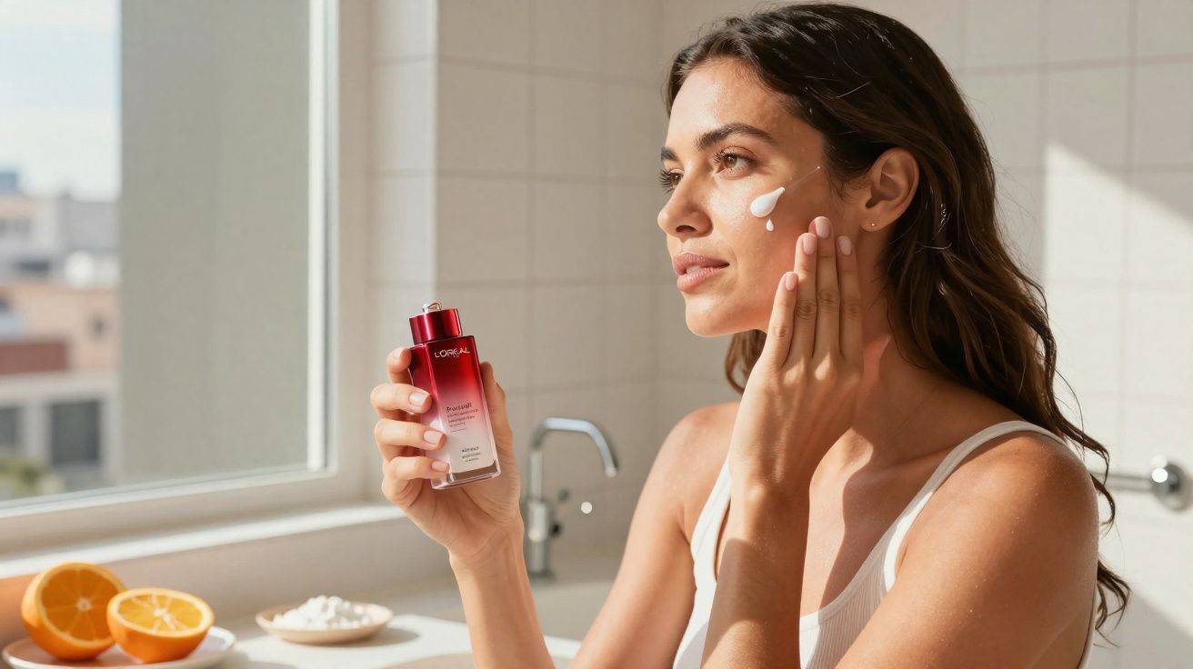 Mulher aplicando hidratante facial com dispensador vermelho em banheiro iluminado ao sol.