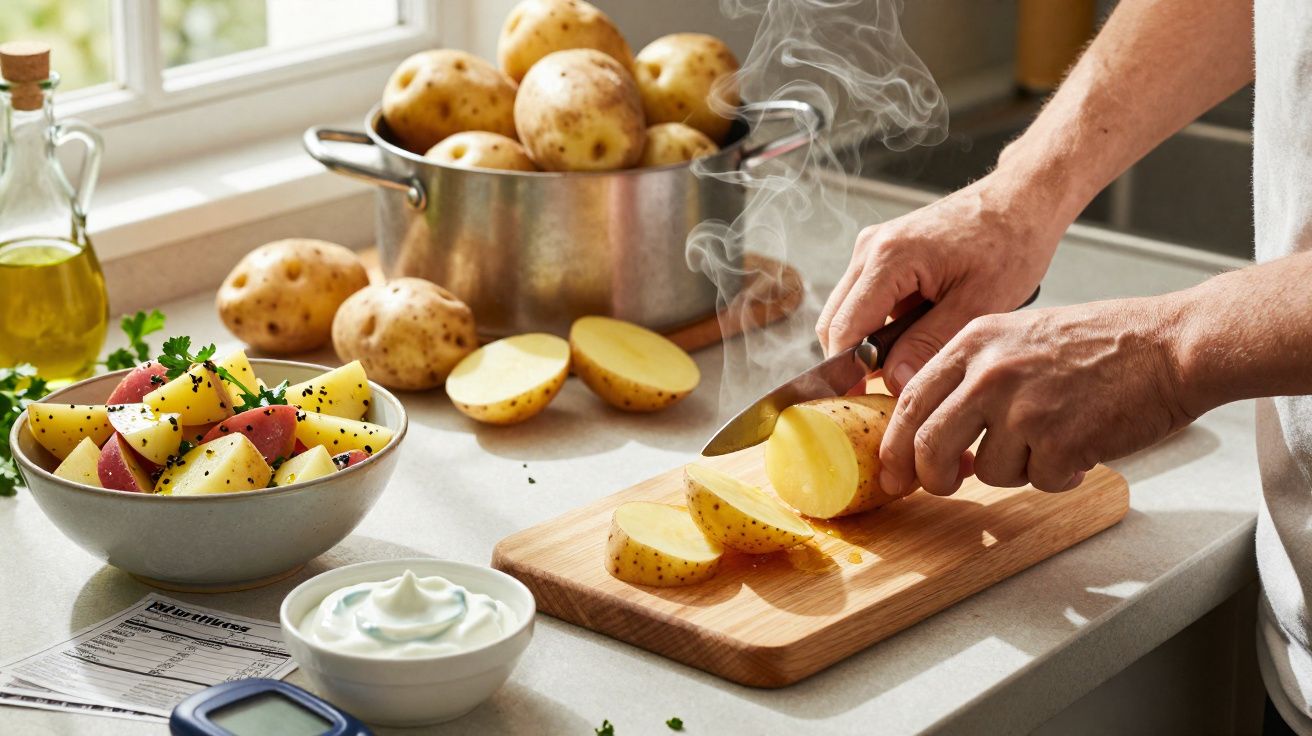 Pessoa cortando batata quente em tábua de madeira com batatas cruas e salada em bancada de cozinha.
