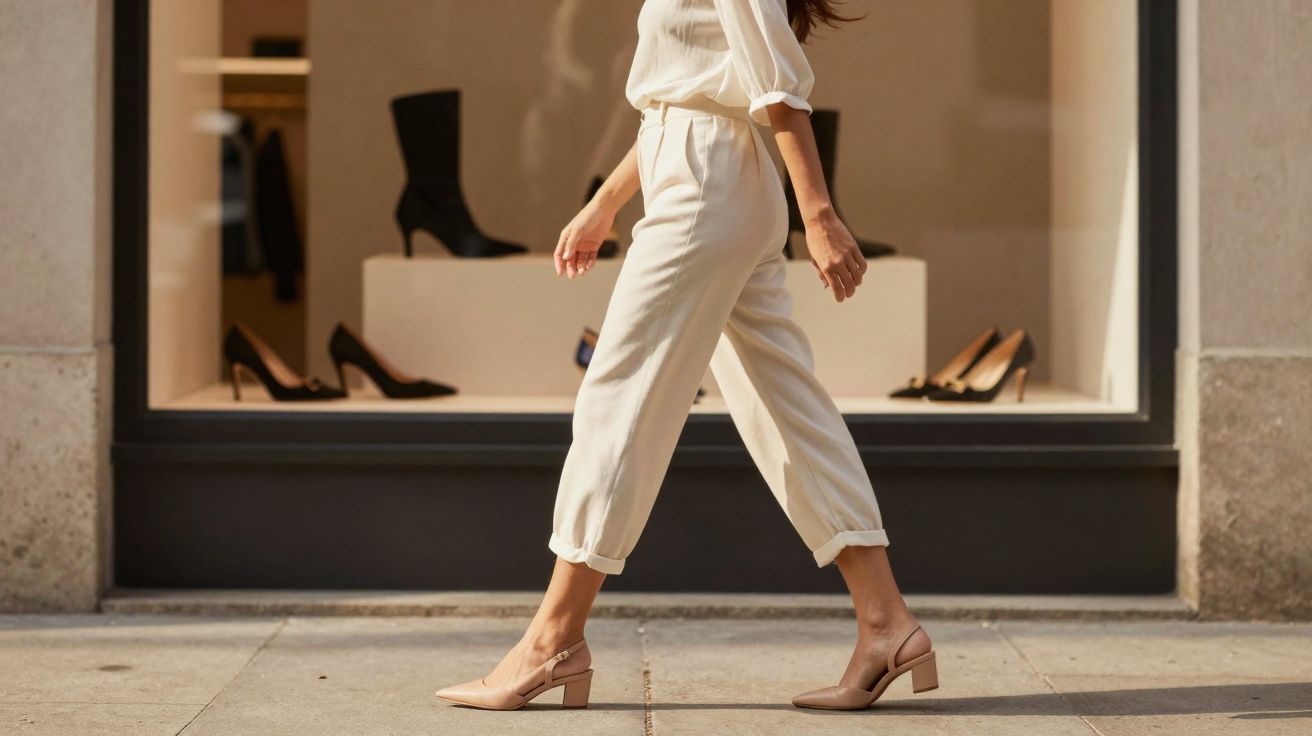 Mulher caminhando perto de vitrine de loja de calçados, usando calça branca e sapatos de salto médio nude.