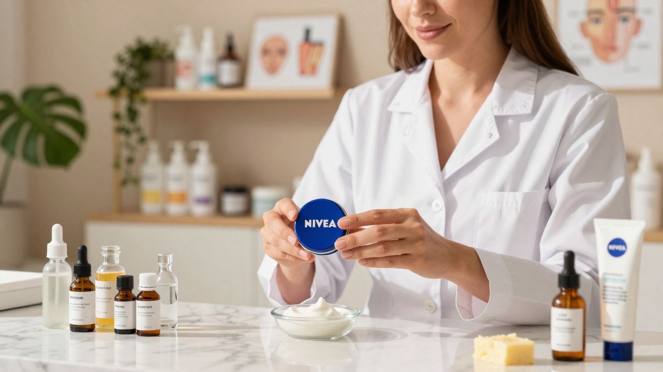 Mulher de jaleco segurando creme Nivea azul em bancada com frascos e cosméticos em ambiente clínico.
