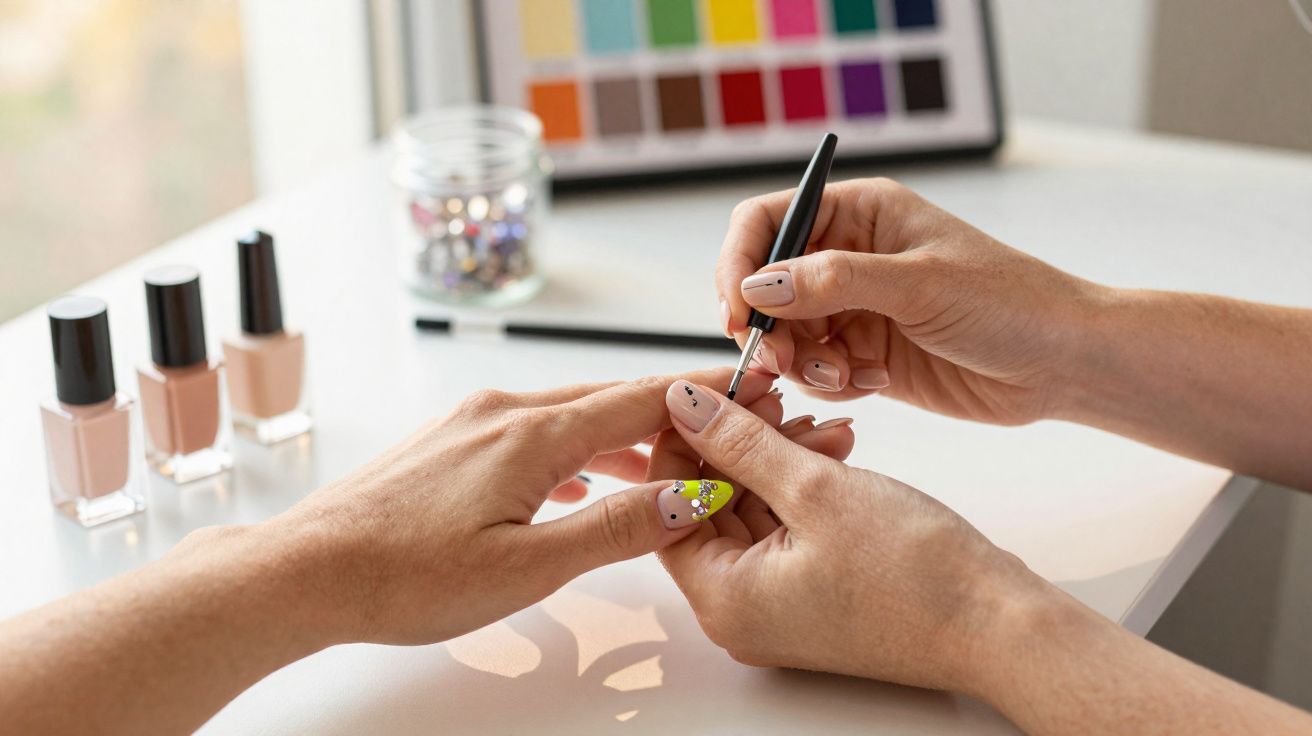 Mãos femininas durante a aplicação de esmalte e decoração de unhas com pincel e pedras brilhantes.