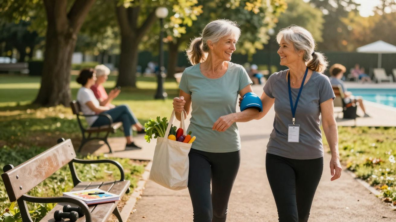 Duas mulheres idosas caminhando no parque, sorrindo, com sacola de compras e roupas esportivas.