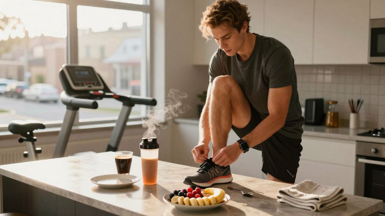 Jovem amarrando tênis em cozinha antes de treino, com frutas e bebidas na bancada iluminada pelo sol.