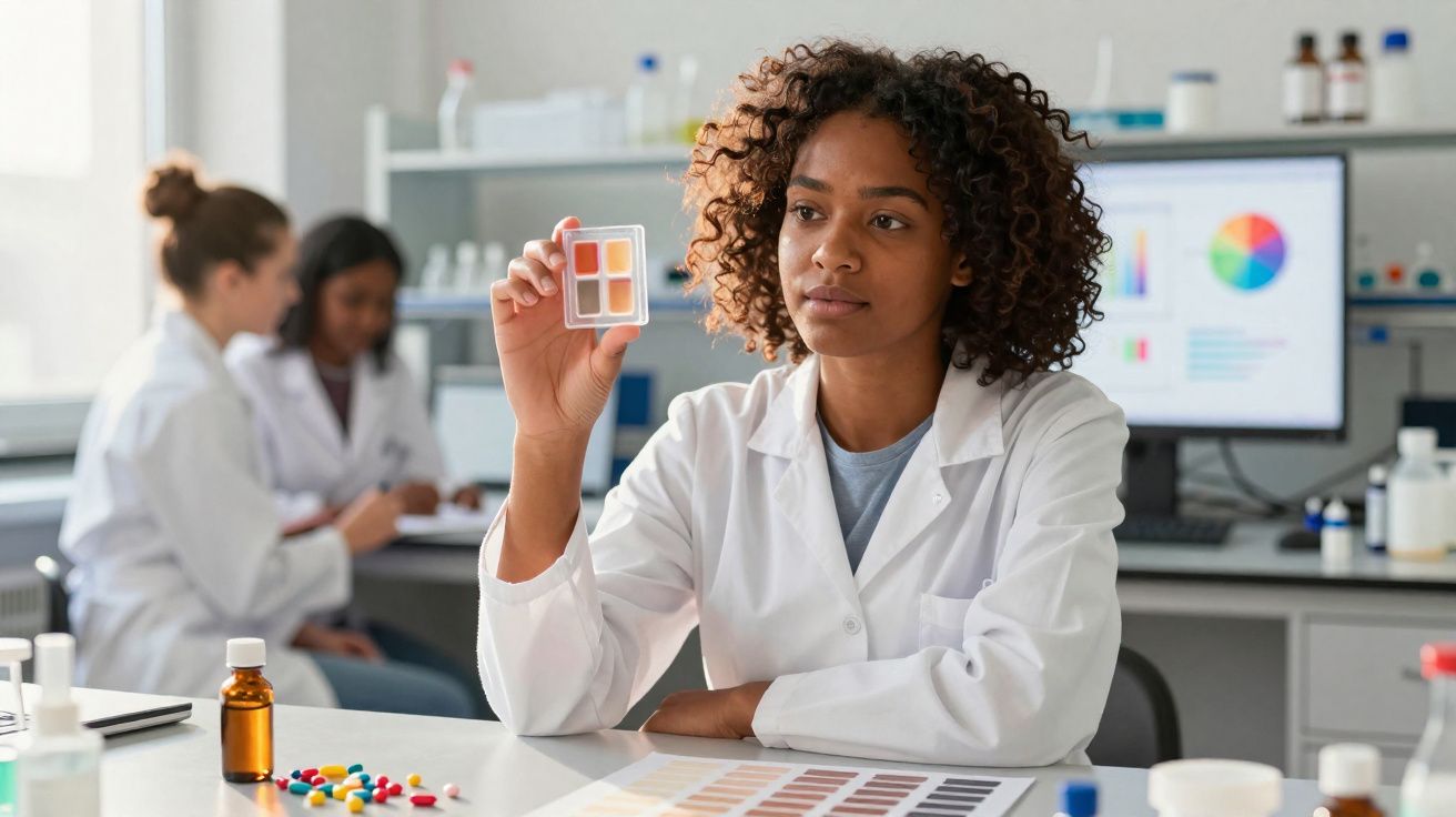 Mulher cientista analisando amostra colorida em laboratório com colegas ao fundo.