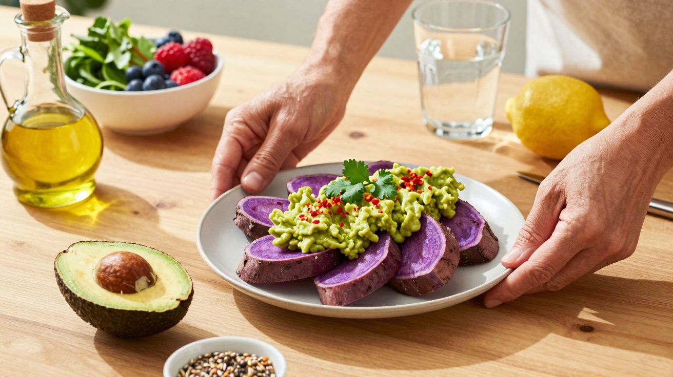 Prato com batata roxa fatiada coberta com guacamole, mãos segurando o prato em mesa com abacate e frutas.
