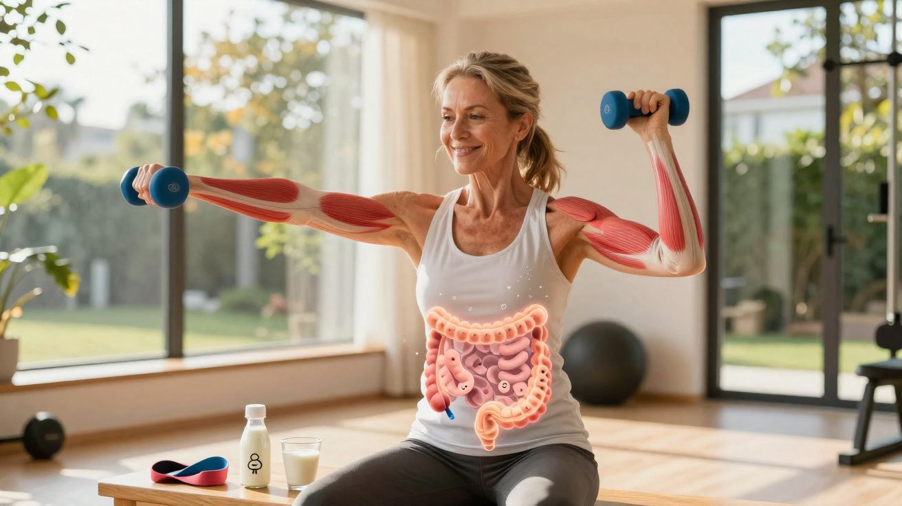 Mulher sorrindo malhando com halteres e ilustração do sistema digestivo e músculos visíveis.
