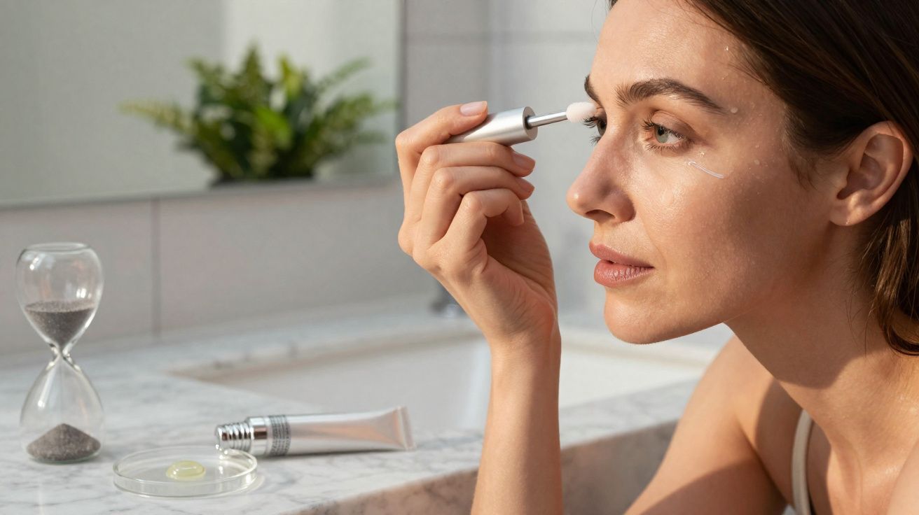 Mulher aplicando sérum facial com conta-gotas sob os olhos em banheiro iluminado.