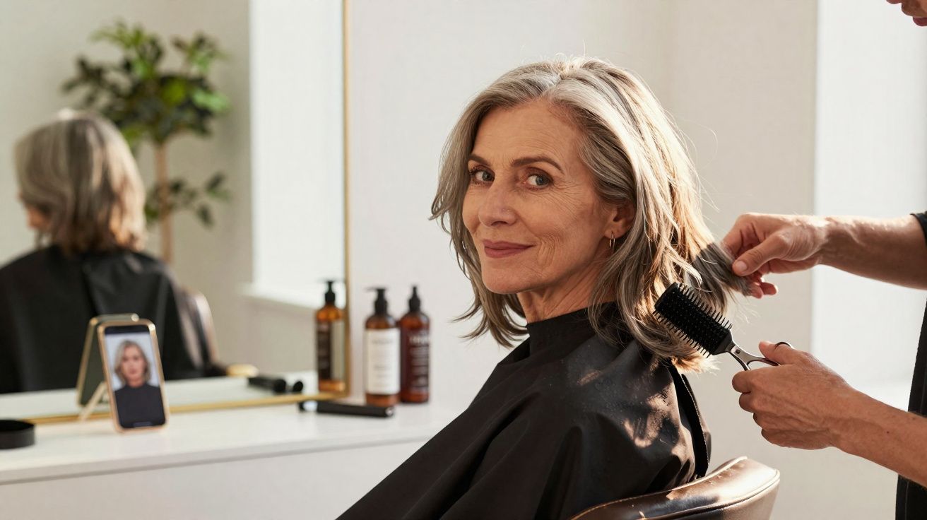 Mulher de cabelos grisalhos sendo penteada em salão de beleza, olhando sorridente para a câmera.