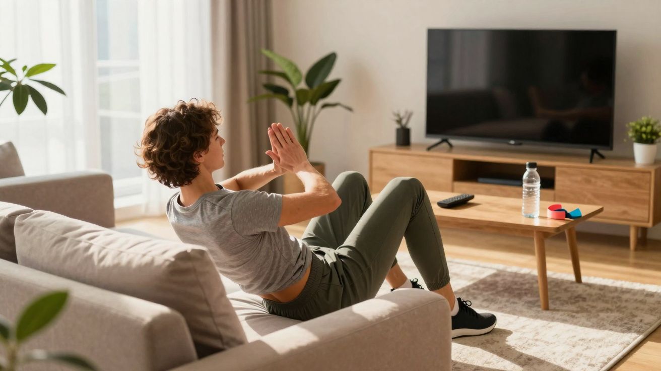Homem fazendo abdominal no sofá da sala com televisão e plantas ao fundo.