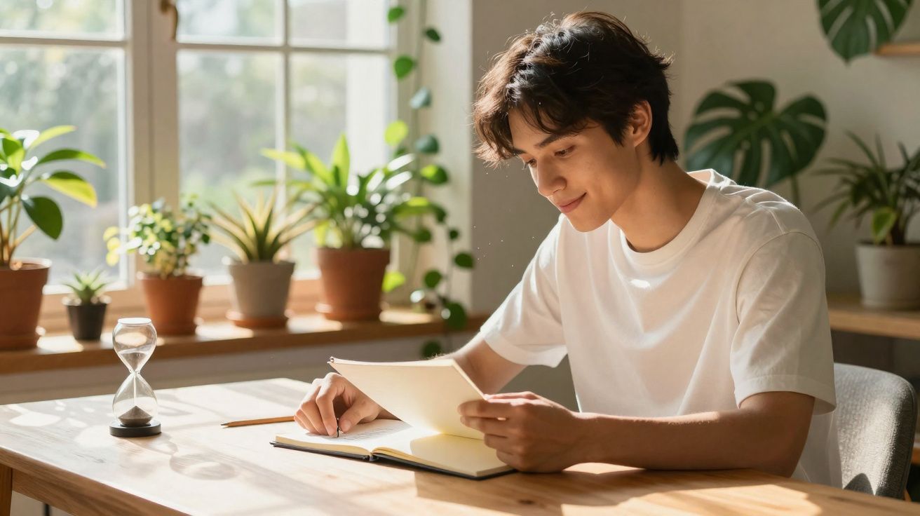 Jovem sentado em mesa de madeira lendo folha de papel com plantas ao fundo e ampulheta à esquerda.