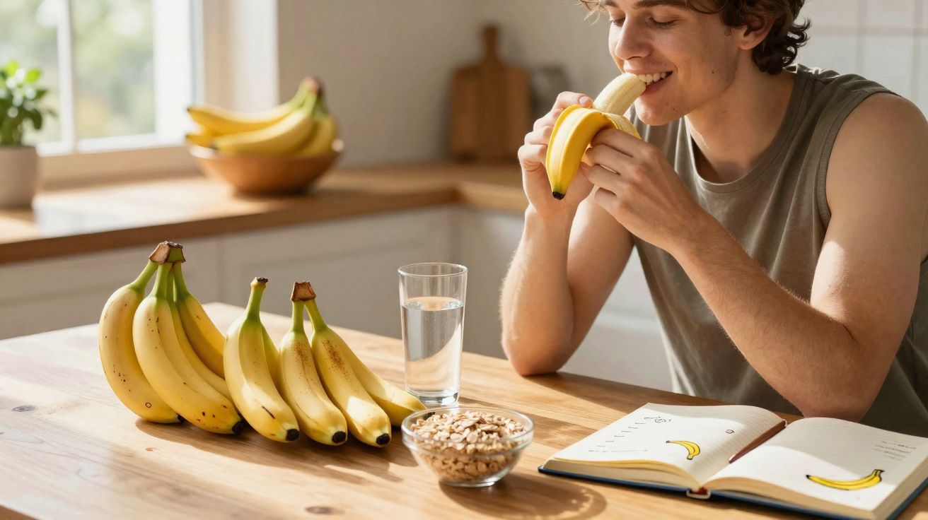 Jovem sorridente comendo banana em cozinha iluminada, ao lado de cacho de bananas, copo d'água e caderno.