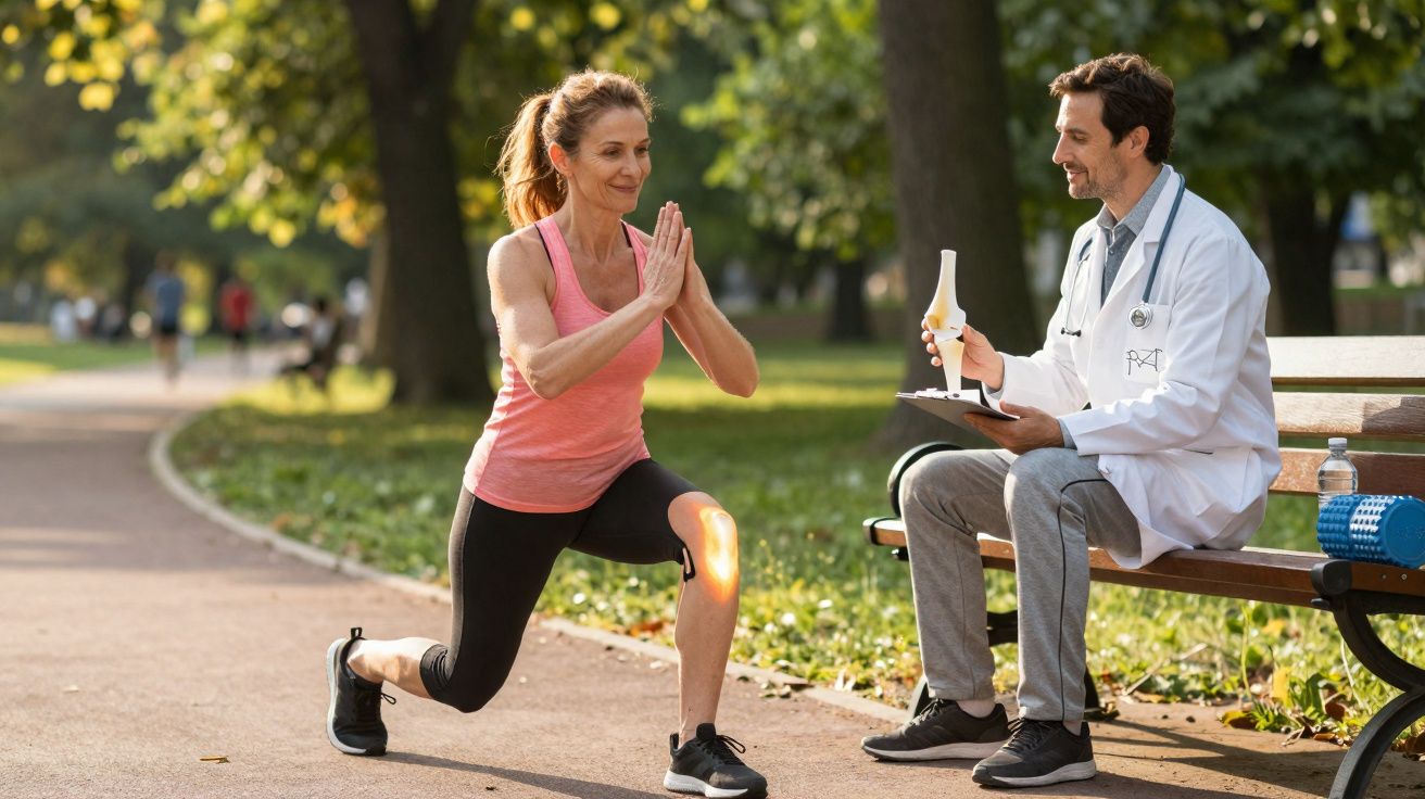 Mulher fazendo exercício de afundo ao ar livre enquanto médico explica modelo de joelho sentado em banco.