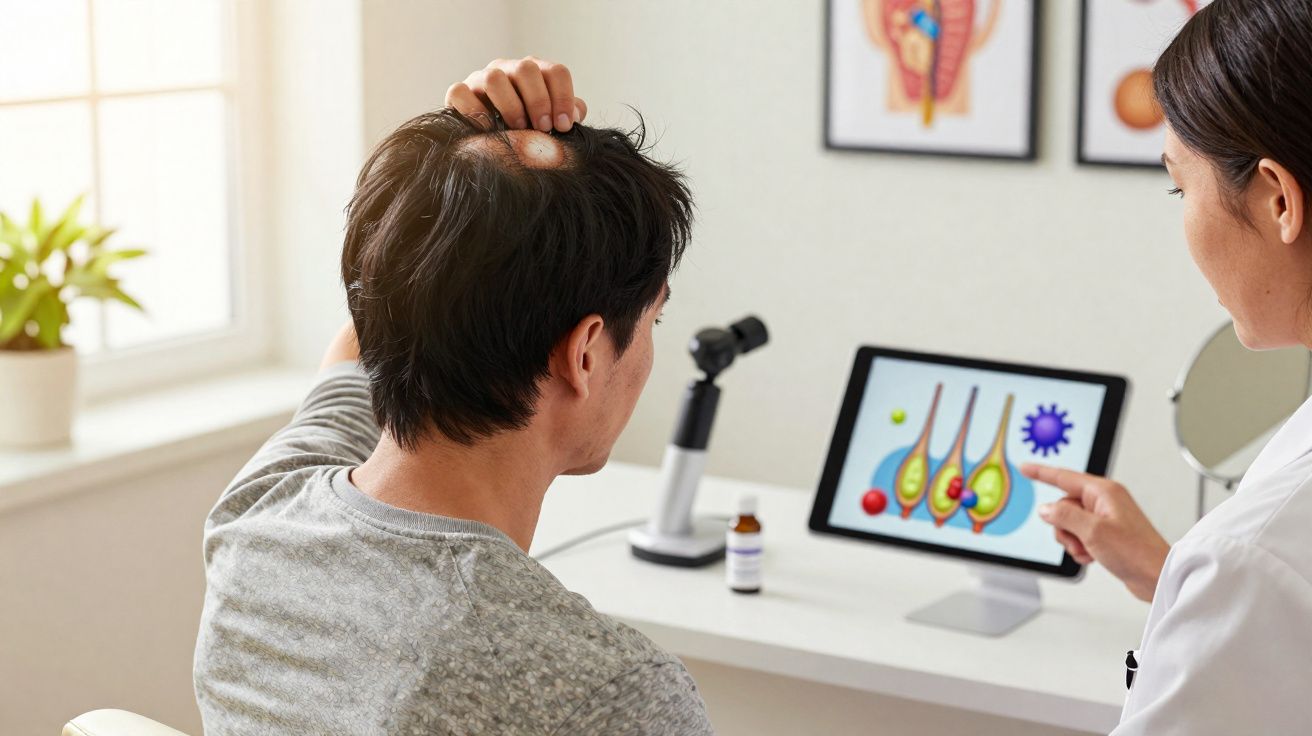 Paciente consulta dermatologista que explica causas da queda de cabelo usando tablet com ilustração de fios capilares.