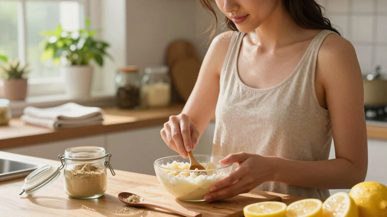Mulher mexendo mistura em tigela na cozinha, com limões e temperos sobre a bancada.
