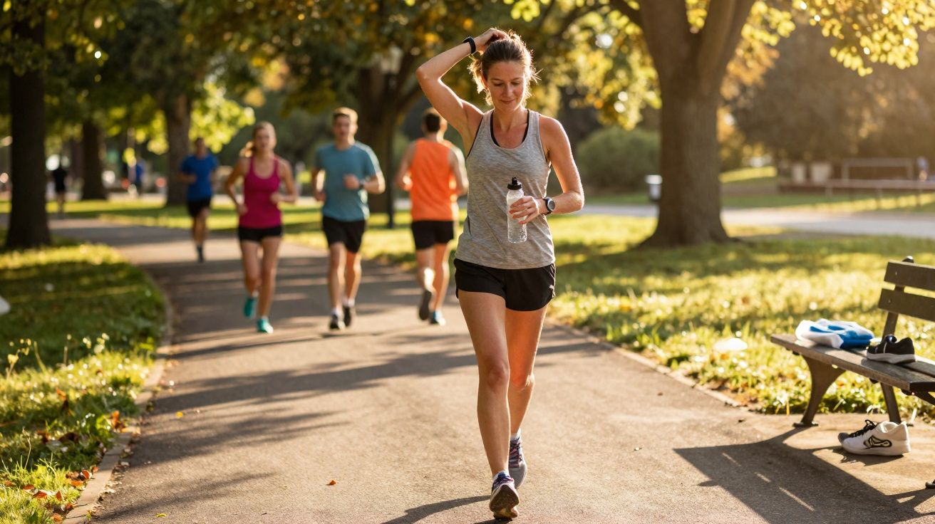 Mulher caminhando em parque segurando garrafa de água, com outras pessoas correndo ao fundo em dia ensolarado.