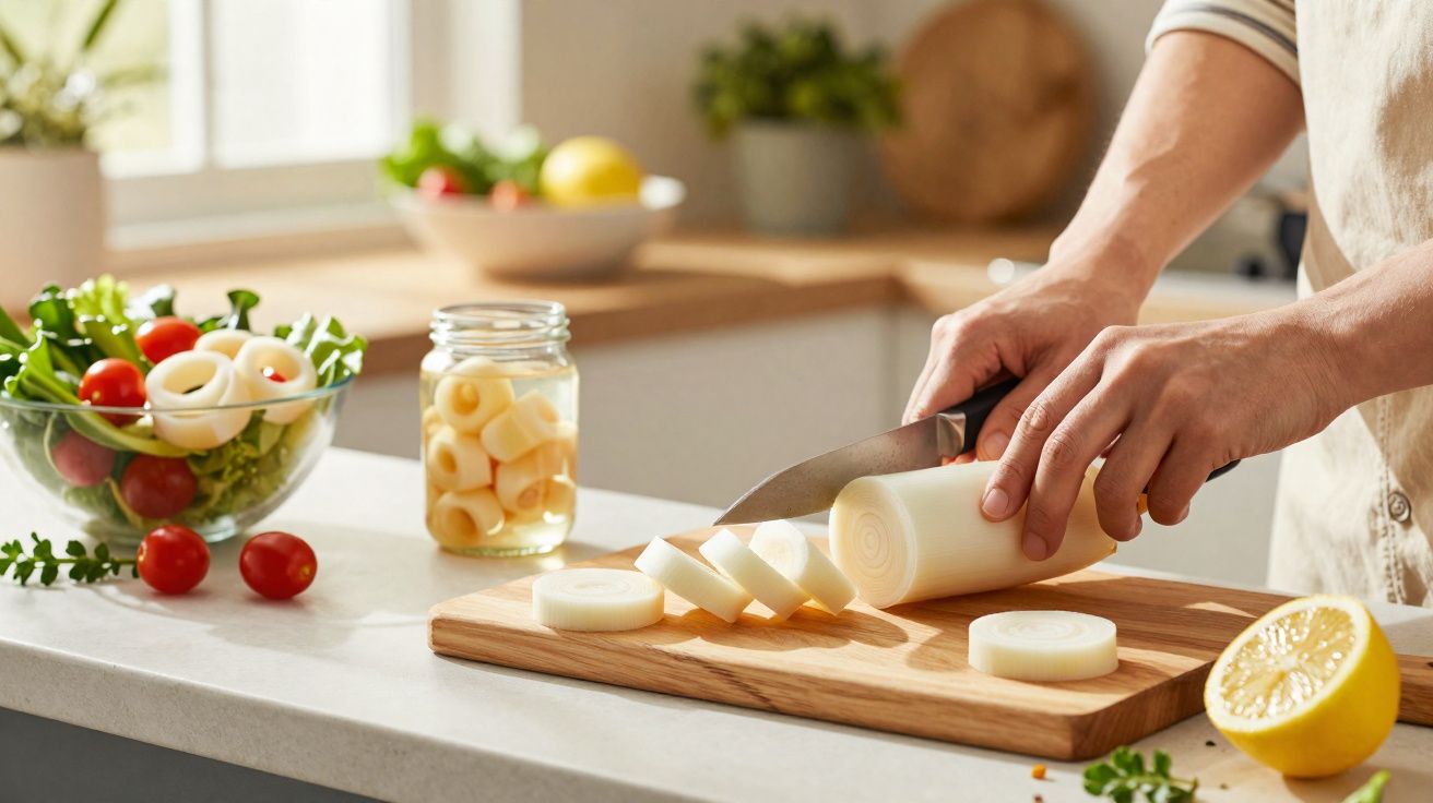 Pessoa cortando palmito em fatias sobre tábua de madeira com salada e limão na bancada da cozinha.