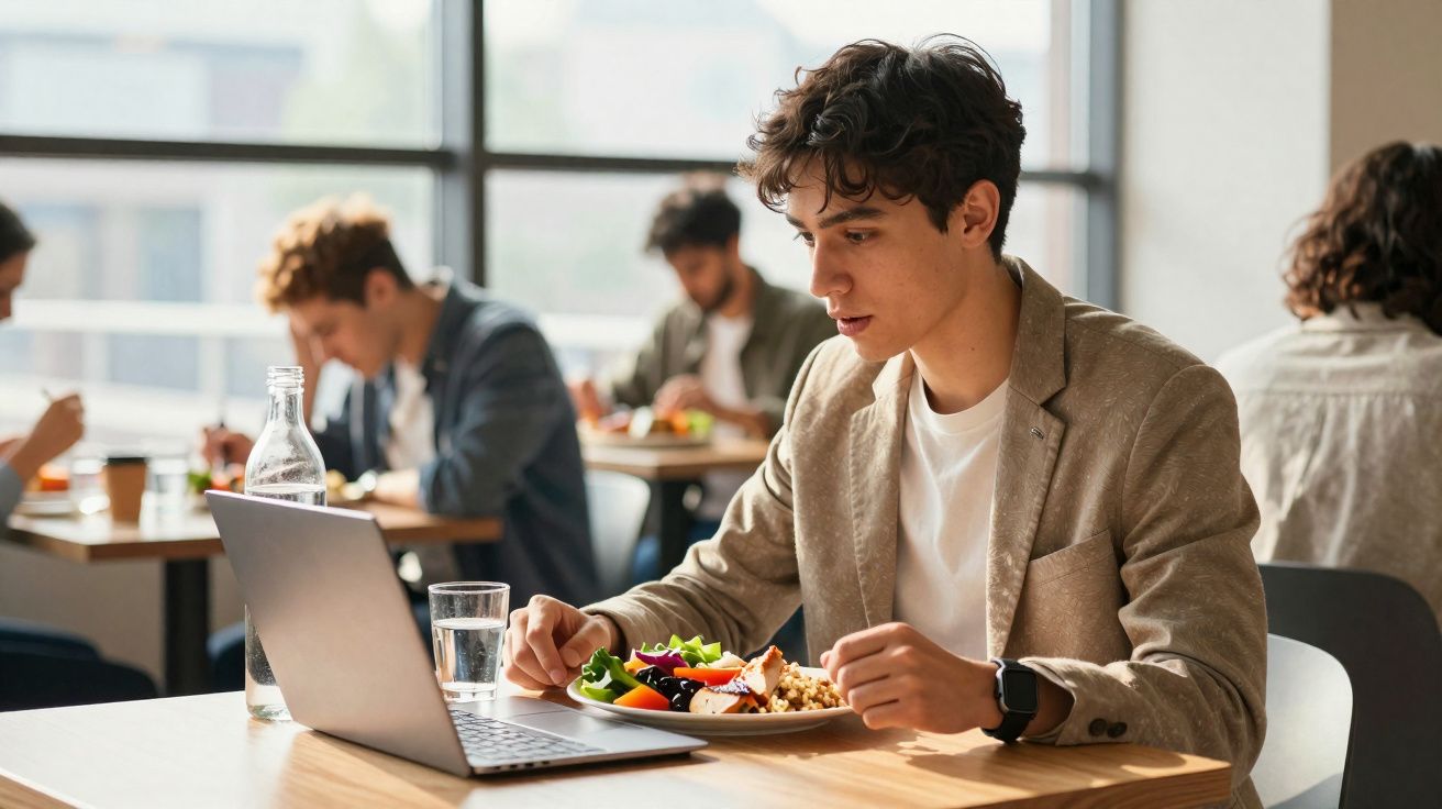 Jovem comendo salada e consultando laptop em restaurante durante o dia.
