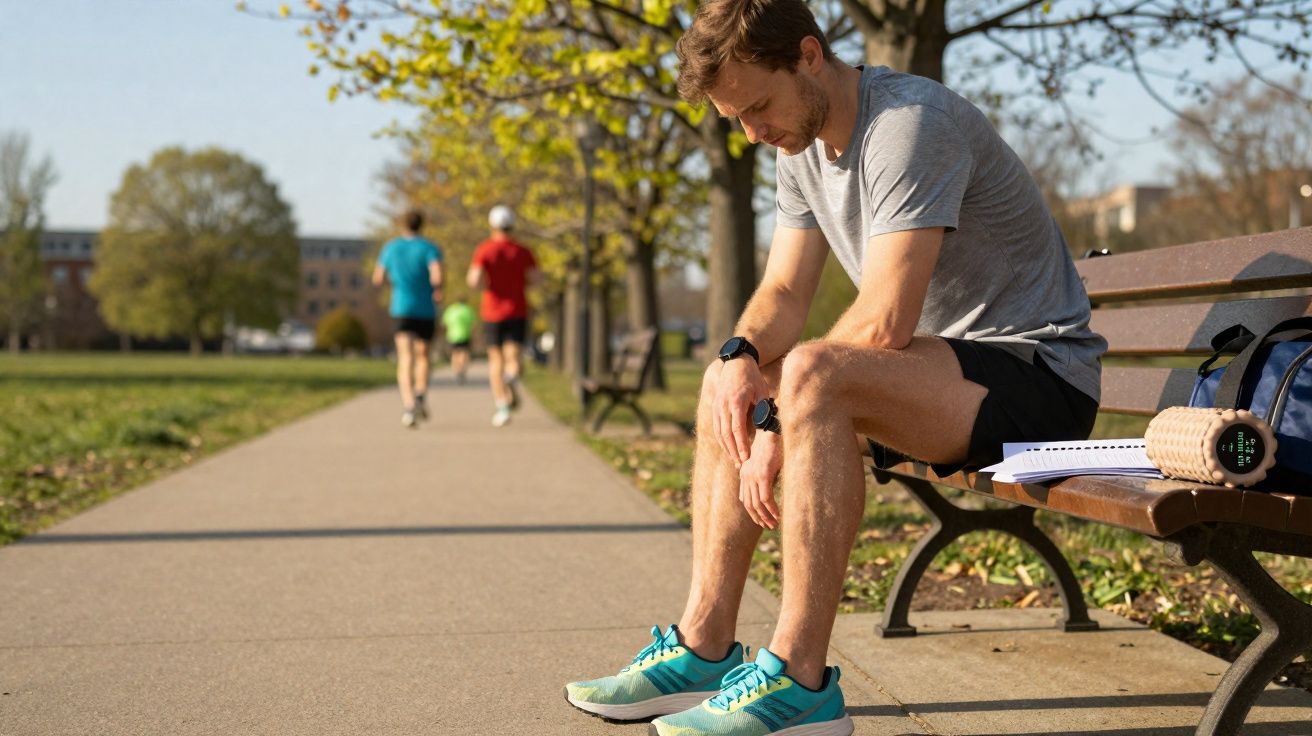 Homem sentado em banco de parque, descansando após corrida, com objetos de treino ao lado.