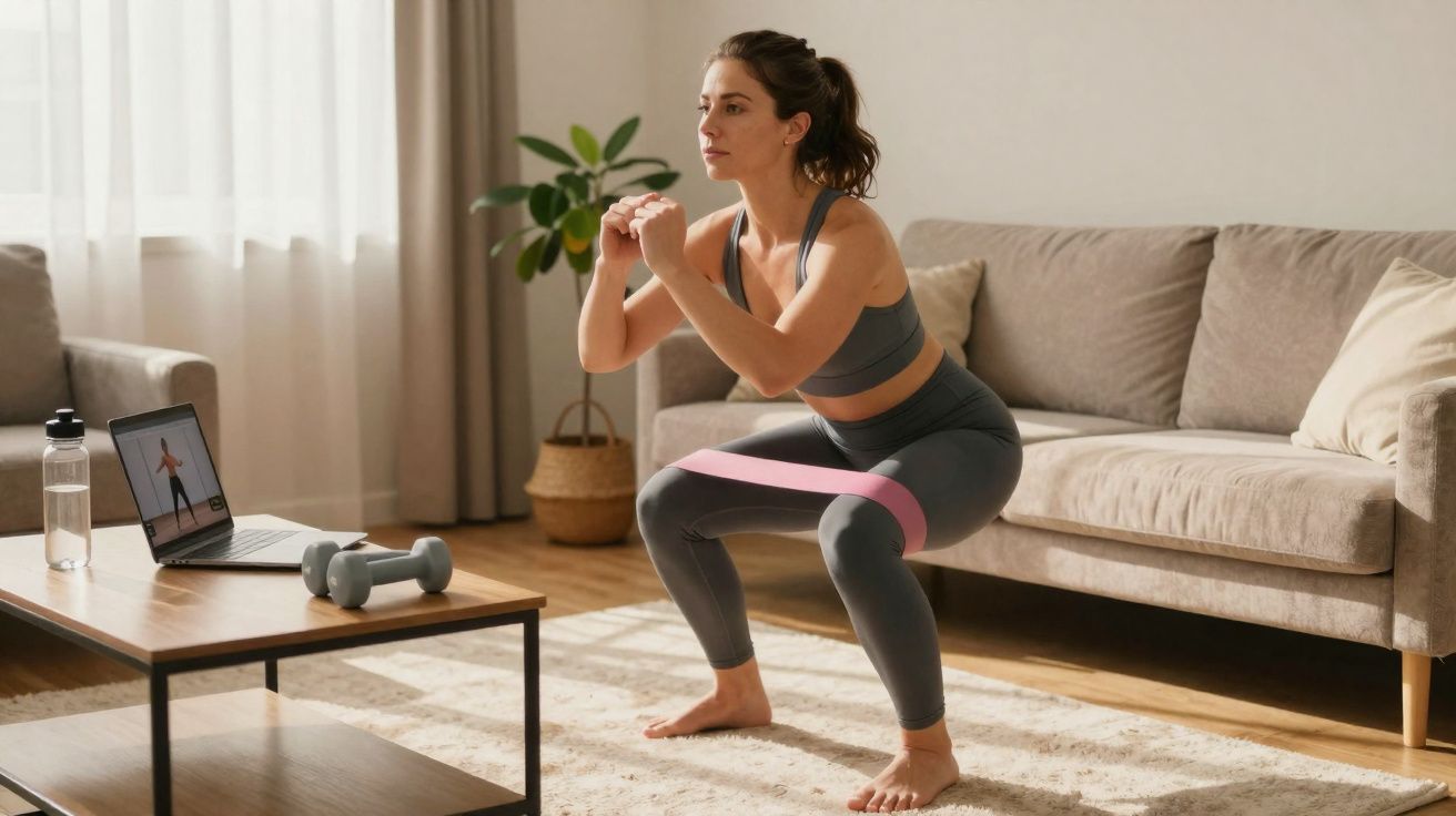 Mulher fazendo agachamento com faixa elástica em sala de estar, seguindo treino online no notebook.