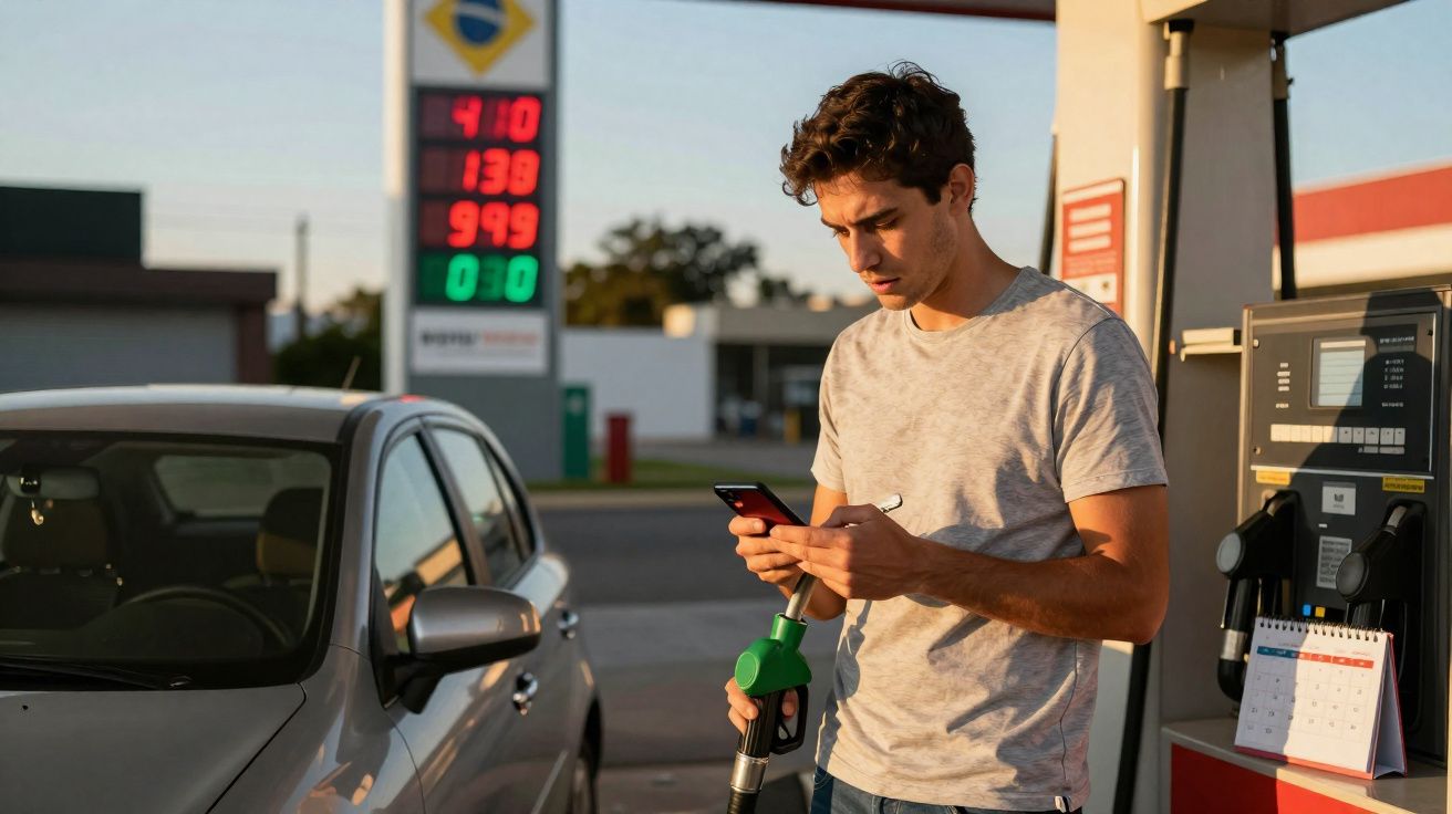 Homem em posto de gasolina segurando bomba de combustível e olhando celular ao lado de carro cinza.