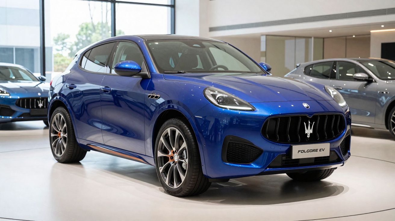 Carro esportivo azul Maserati Folgore EV exposto em showroom moderno e iluminado.