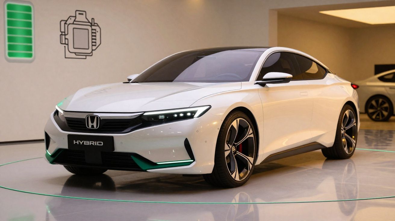 Carro híbrido branco da Honda estacionado em ambiente interno com ícones de bateria e motor elétrico na parede.