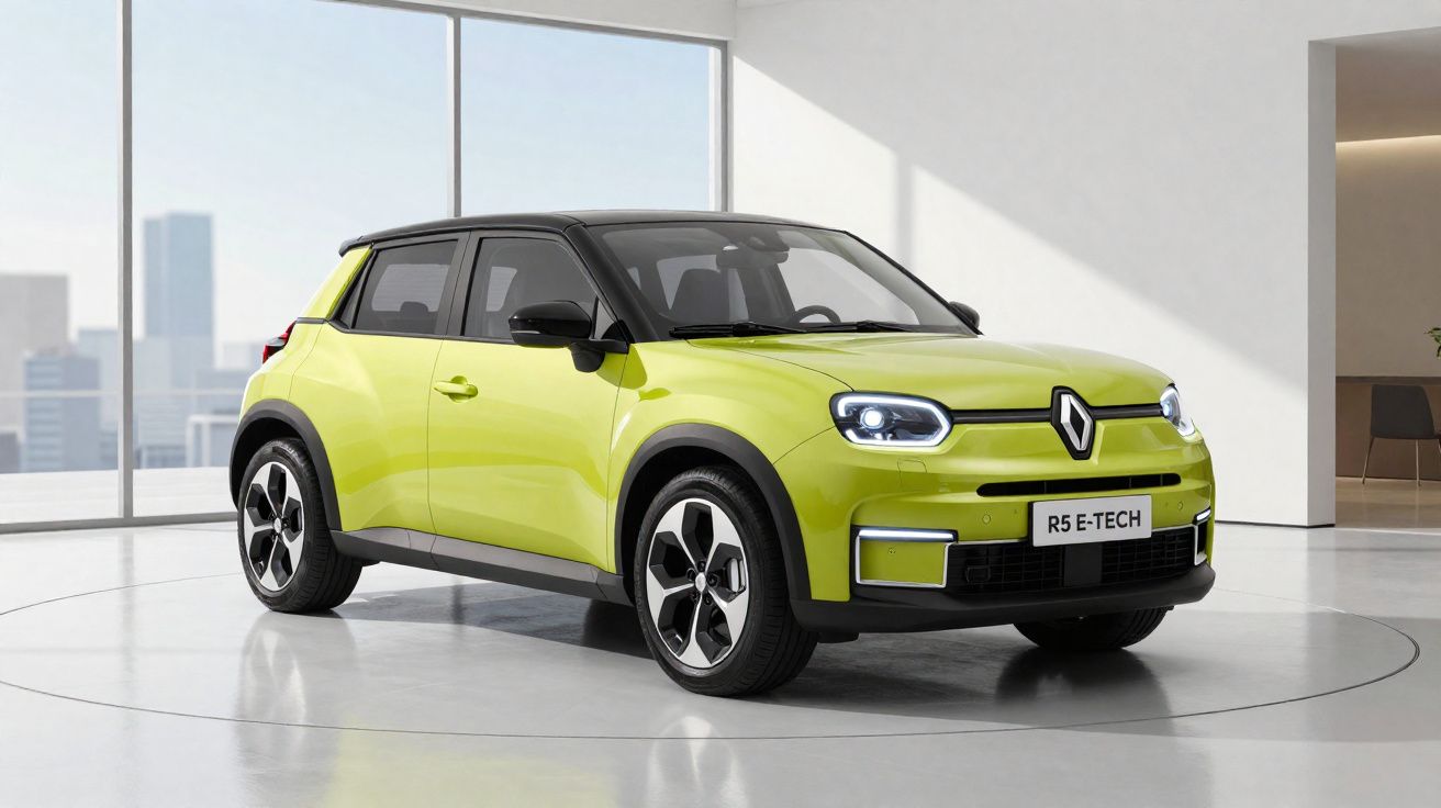 Carro elétrico Renault R5 E-Tech amarelo em ambiente interno moderno com janelas amplas.