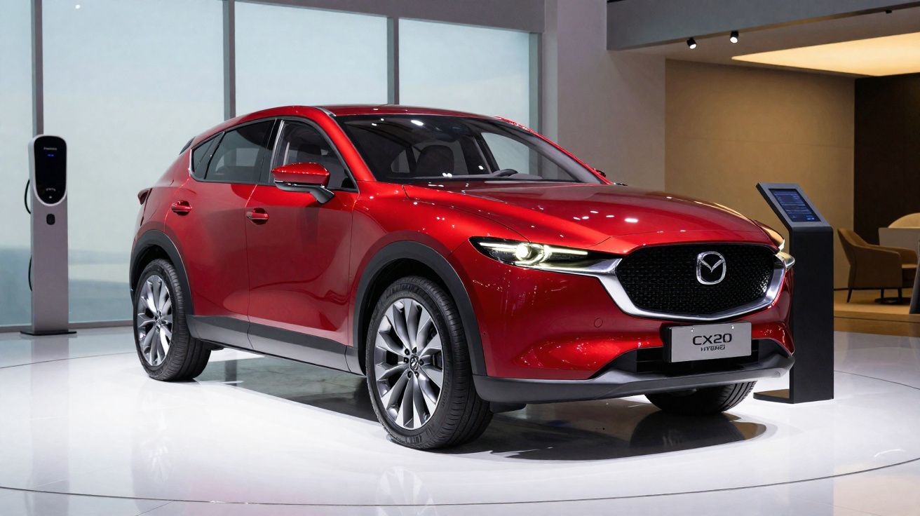 Carro SUV vermelho Mazda CX-20 Hybrid exposto em showroom moderno com iluminação branca.