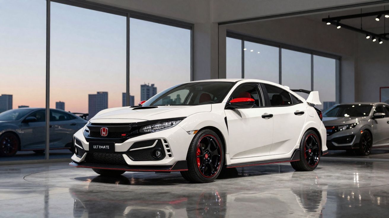 Carro branco Honda Civic Type R estacionado em showroom com janelas grandes ao fundo.
