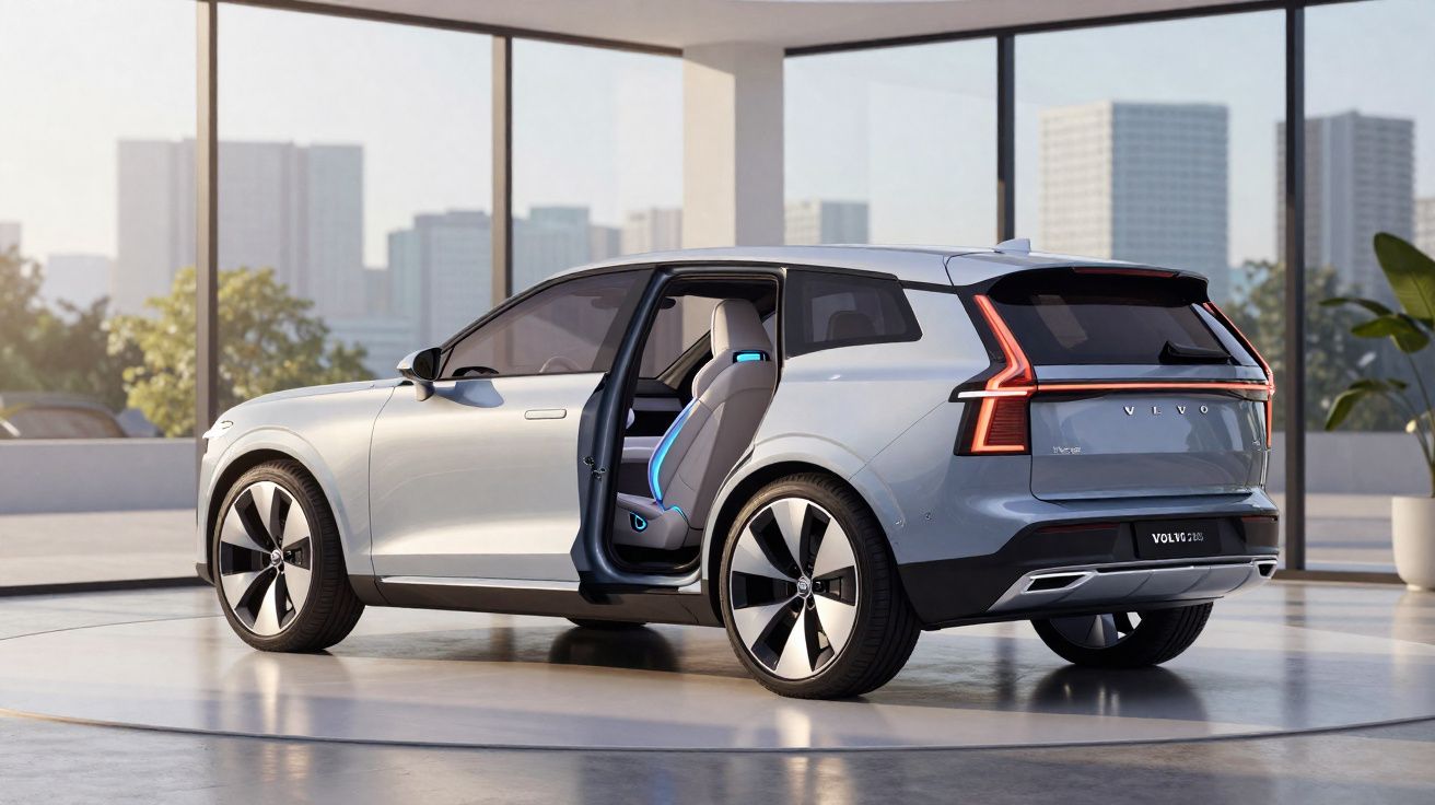 Carro elétrico Volvo cinza com porta traseira aberta exibindo interior futurista em showroom moderno.
