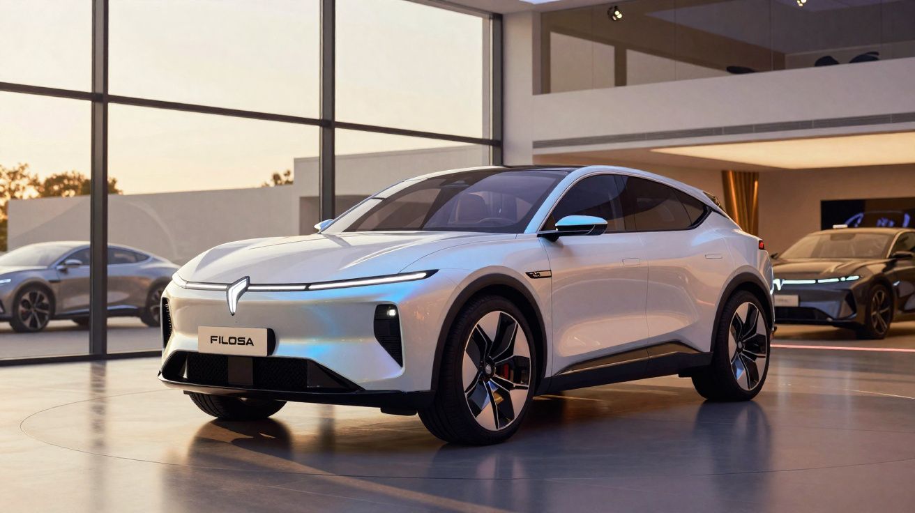 Carro elétrico branco Filosa em exposição em showroom moderno com grandes janelas de vidro.
