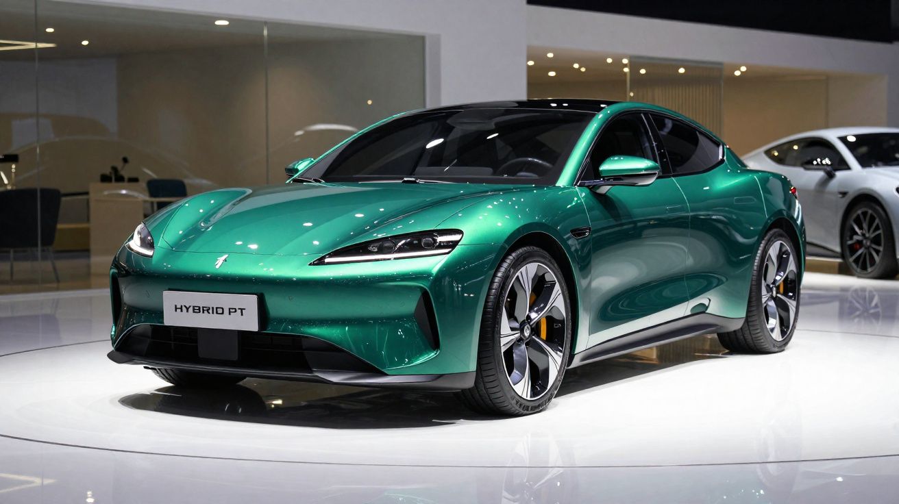 Carro esportivo elétrico verde metálico em exposição em salão automotivo moderno e iluminado.