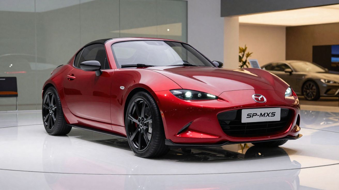 Carro esportivo conversível vermelho, modelo Mazda MX-5, exibido em showroom moderno com iluminação clara.