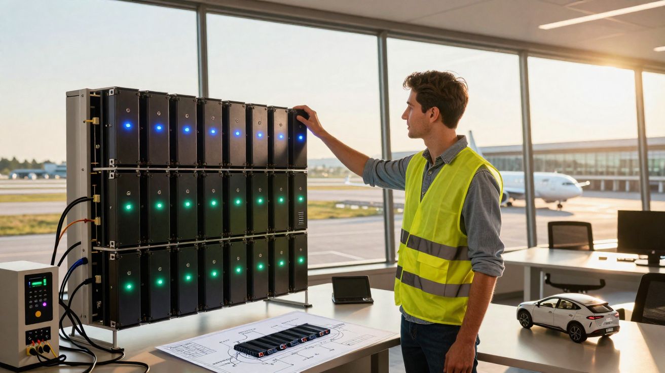 Homem com colete amarelo verifica bateria grande em laboratório com janelas para aeroporto ao fundo.