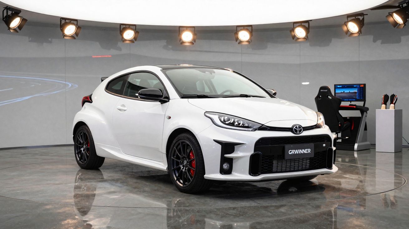 Carro esportivo branco Toyota GR Yaris em estúdio com iluminação e simulador de corrida ao fundo.