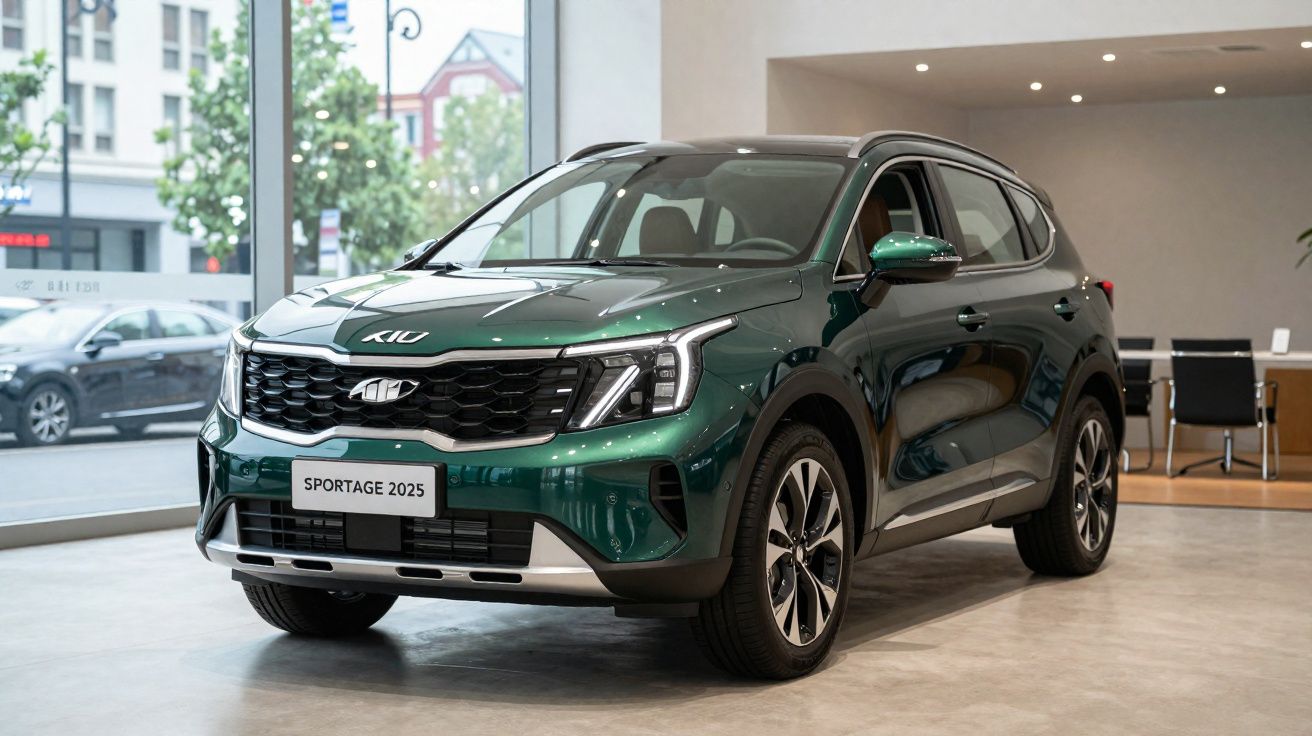 SUV verde Kia Sportage 2025 em exibição dentro de uma concessionária moderna.