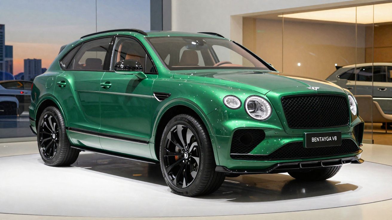 SUV Bentley Bentayga V8 verde metálico exibido em showroom moderno com rodas pretas esportivas.