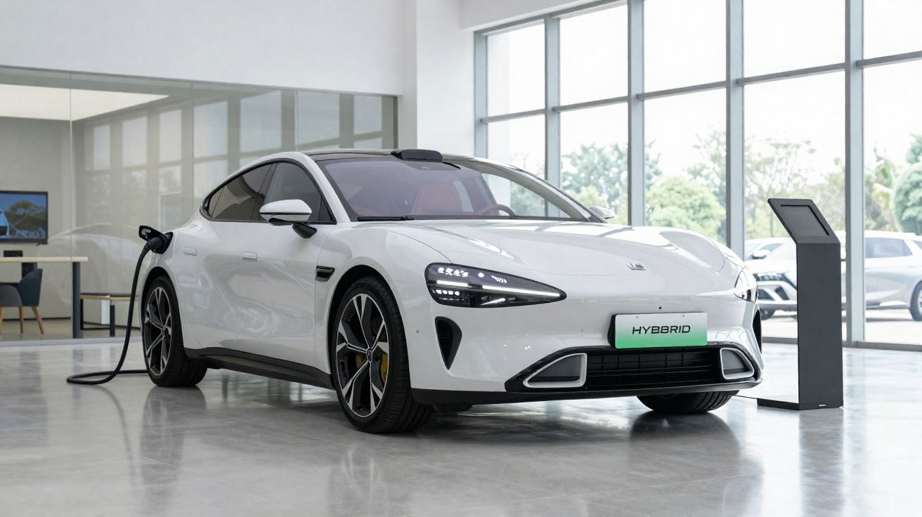 Carro híbrido branco plugado em estação de recarga em ambiente interno moderno com grandes janelas.