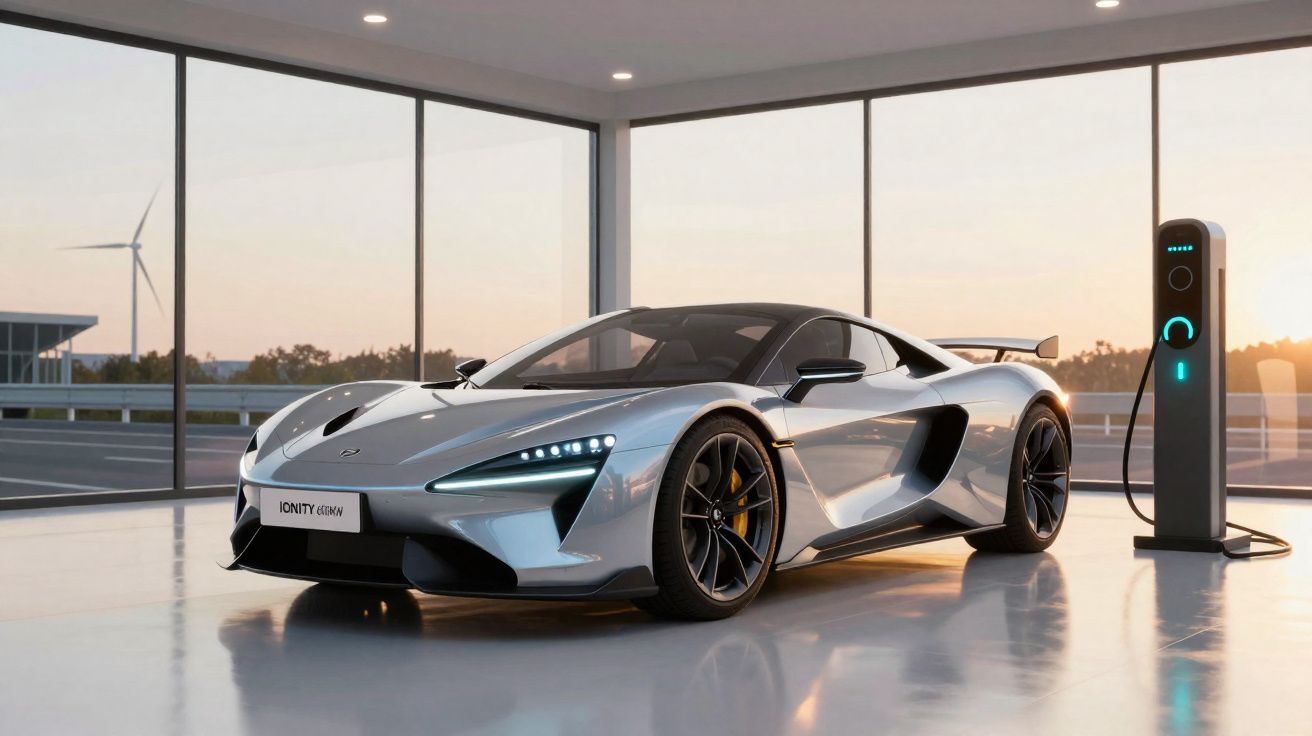 Carro esportivo elétrico prateado conectado a estação de recarga em ambiente moderno com janelas grandes.