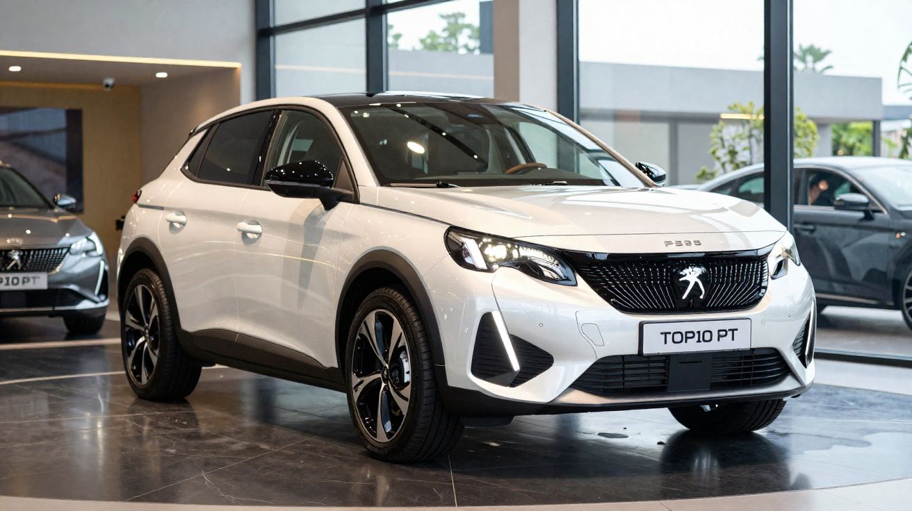 Carro SUV Peugeot branco exibido em showroom com iluminação interna e piso reflexivo.