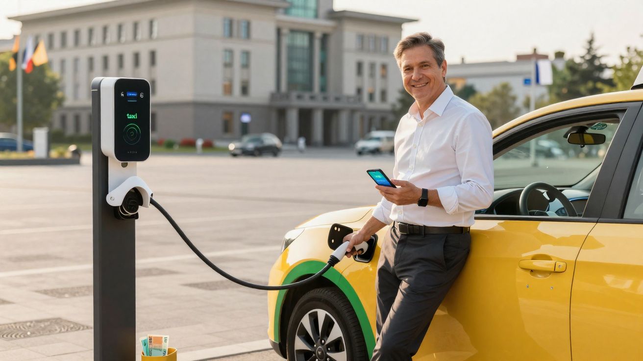 Homem sorridente usando celular enquanto carrega carro elétrico amarelo em estação pública.