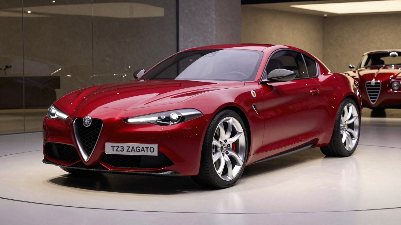 Carro esportivo Alfa Romeo TZ3 Zagato vermelho exibido em ambiente interno moderno.